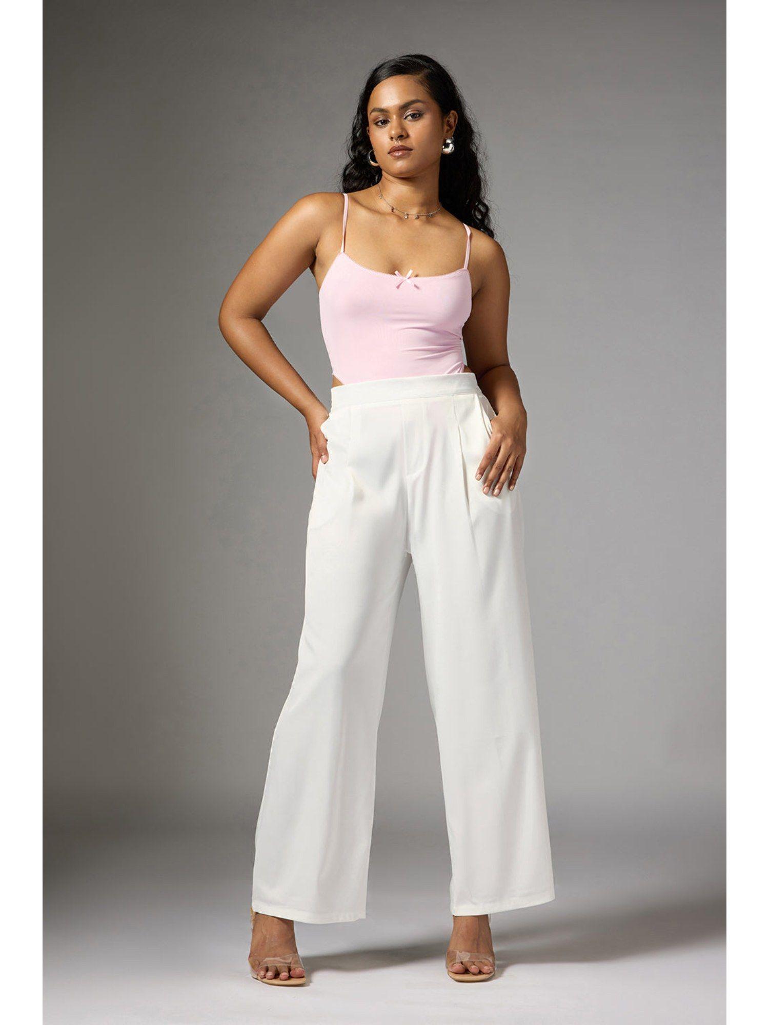 off white satin wide korean pant