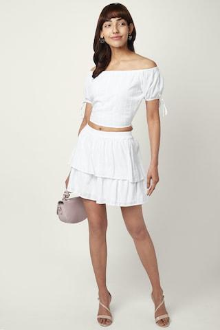 off white self design casual off shoulder half sleeves above knee women regular fit top & skirt set