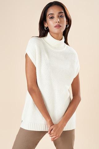 off white self design winterwear sleeveless high neck women regular fit  sweater