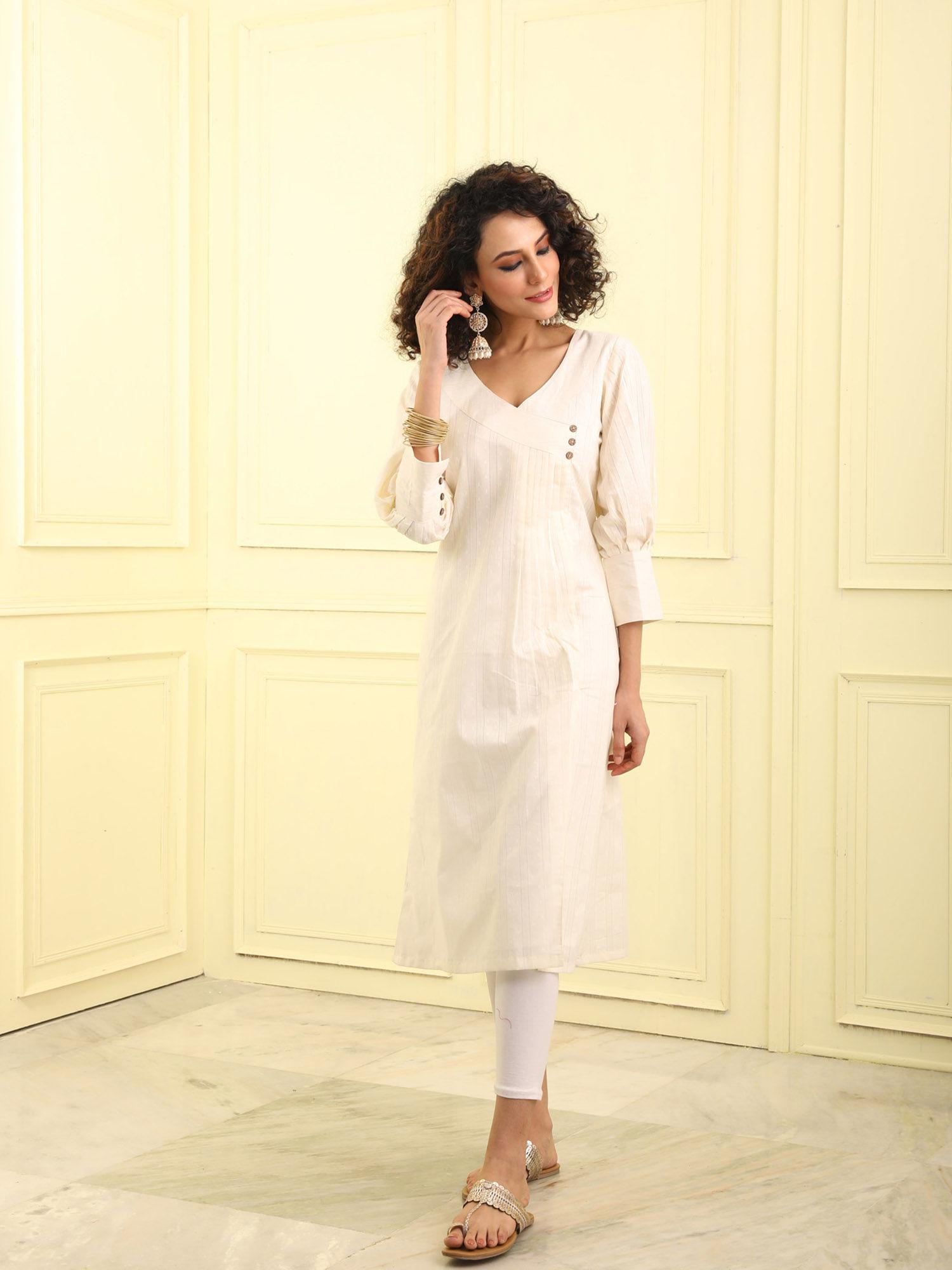 off white self design work kurta