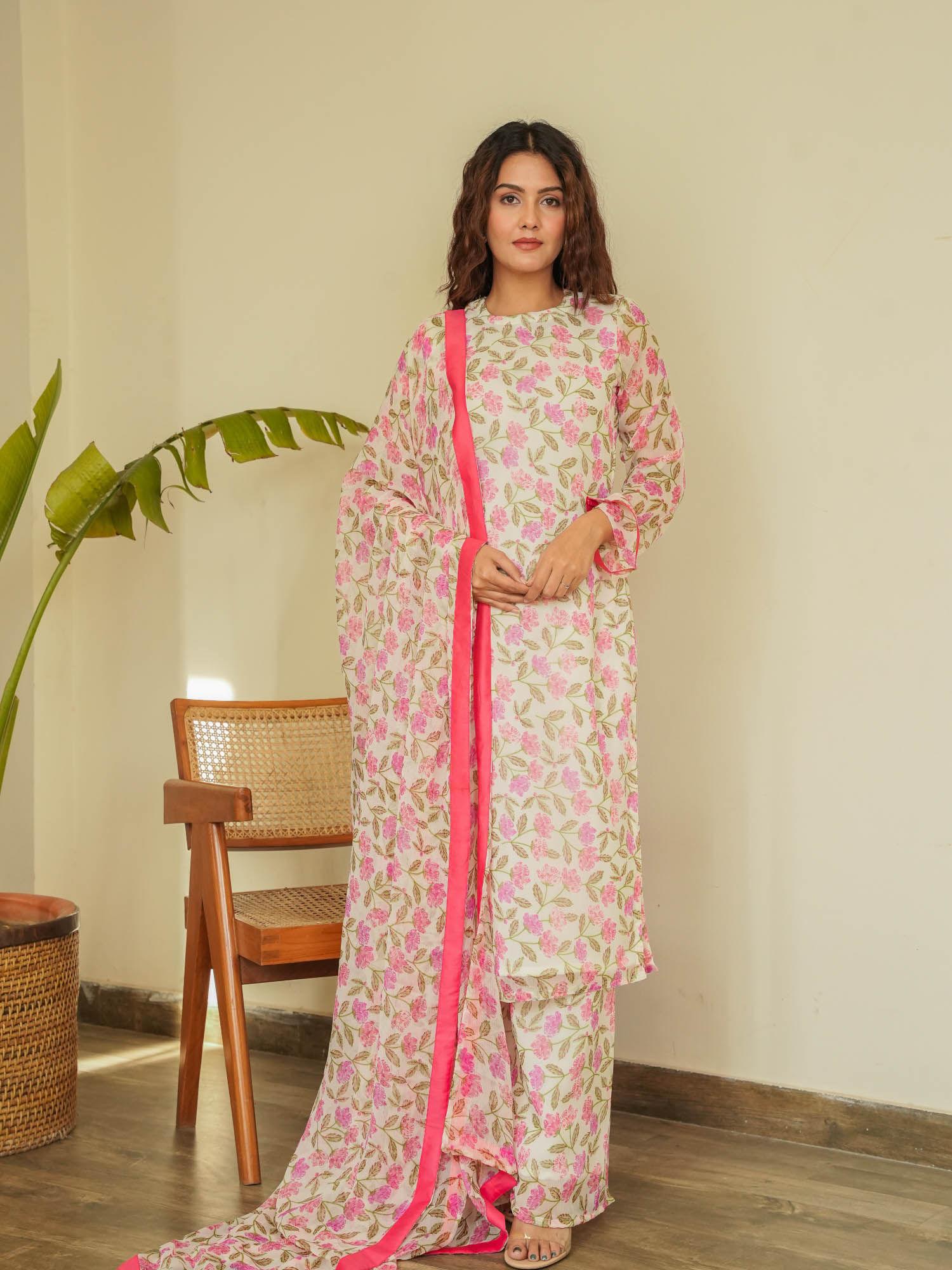 off white shikha kurta with pant & dupatta (set of 3)