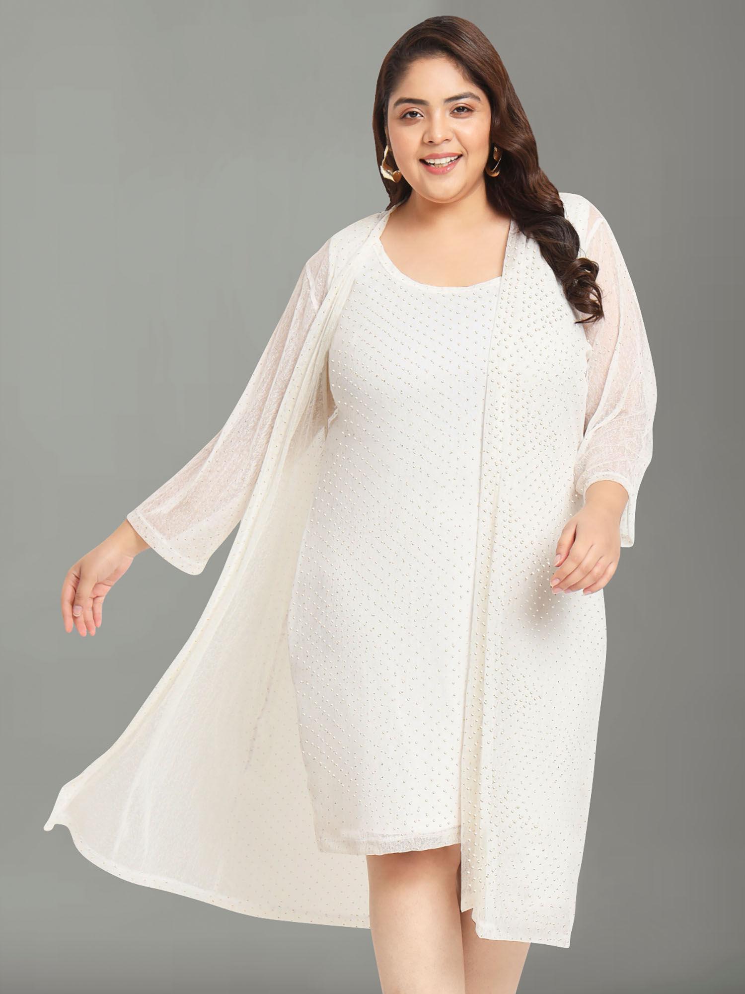 off white shimmer curve two piece shrug dress set