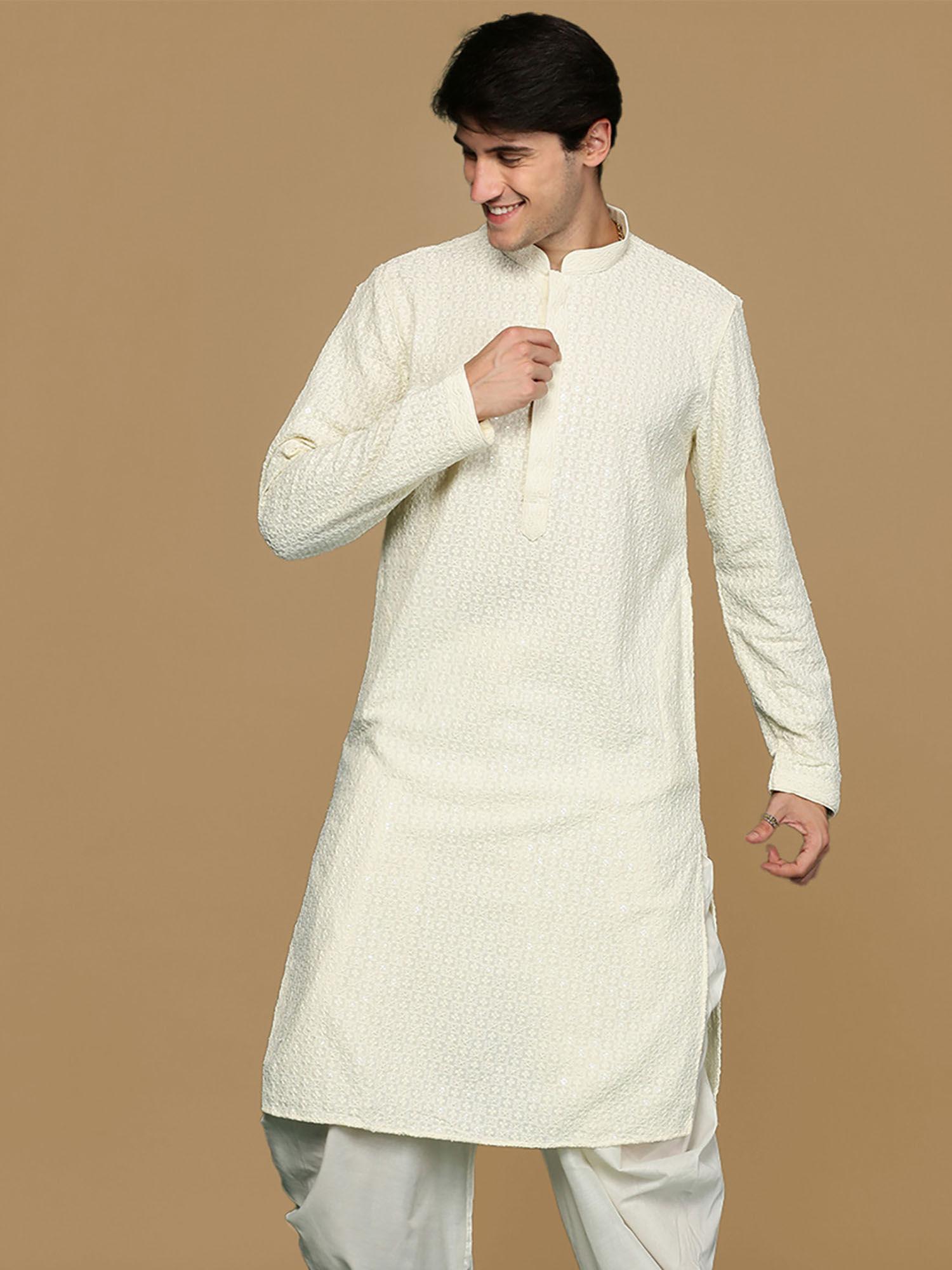 off white shimmering elegance men's chikankari kurta with sequins