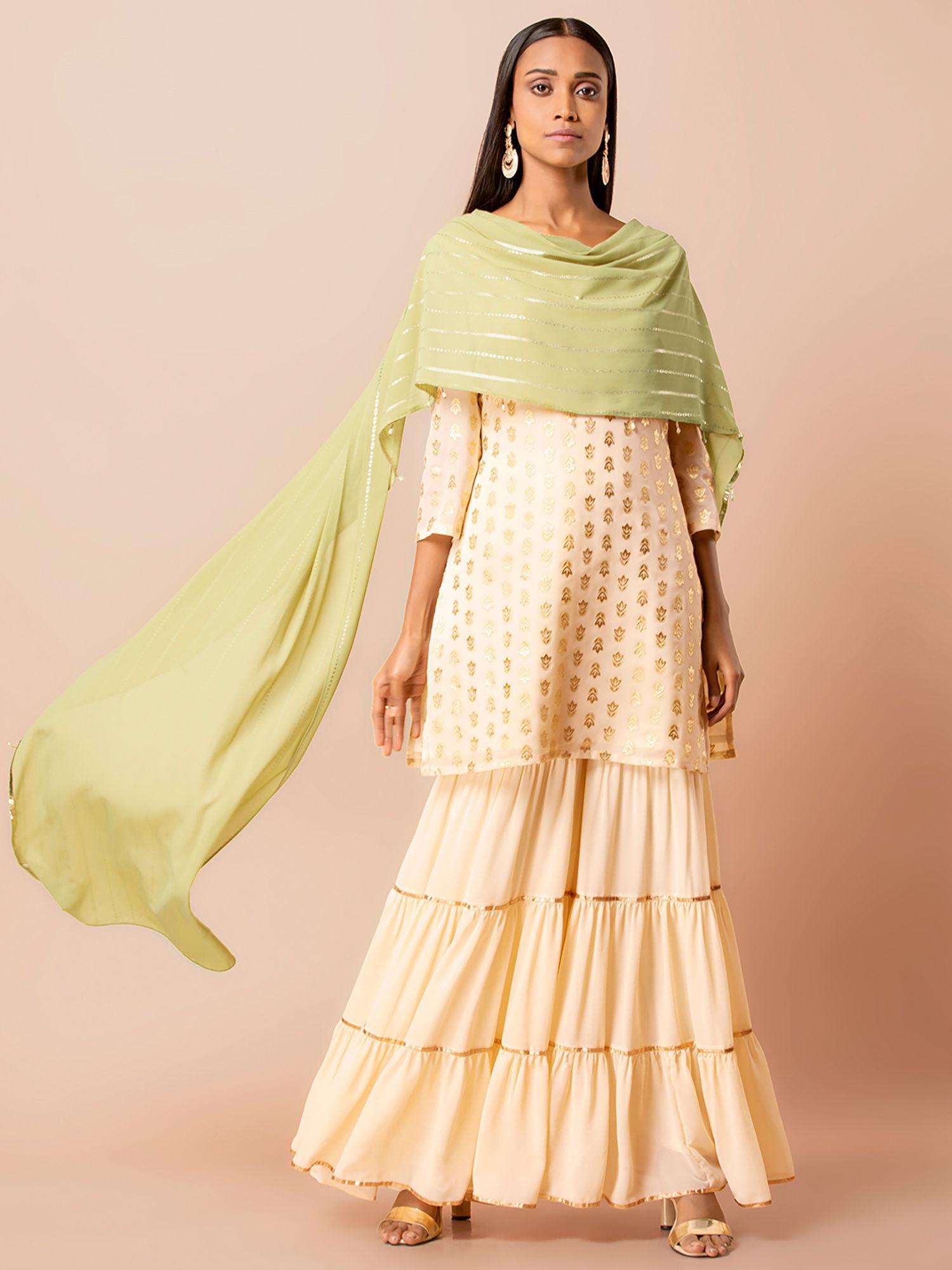 off white short tunic with attached striped dupatta