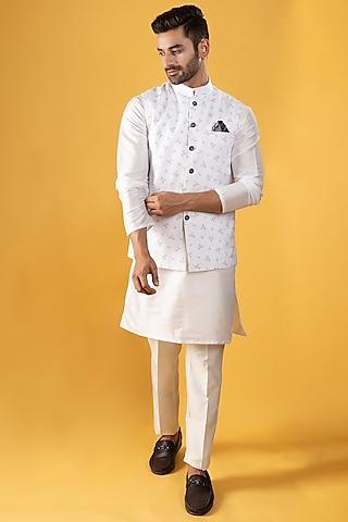 off-white silk bundi jacket with kurta set for boys