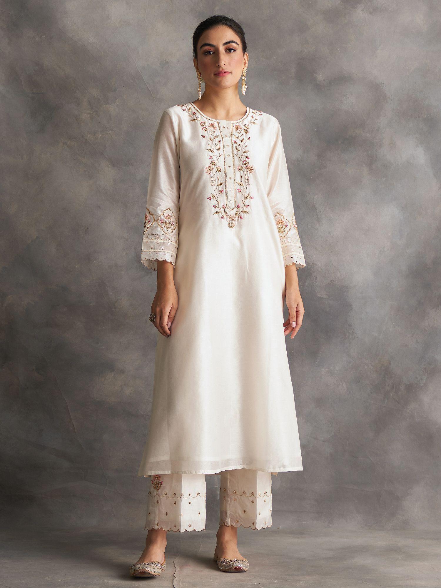 off white silk chanderi a-line kurta with hand embroidery