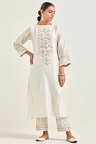 off-white silk chanderi embroidered kurta set