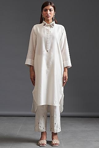 off-white silk chanderi hand embroidered tunic