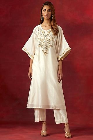 off-white silk chanderi resham embroidered kurta set
