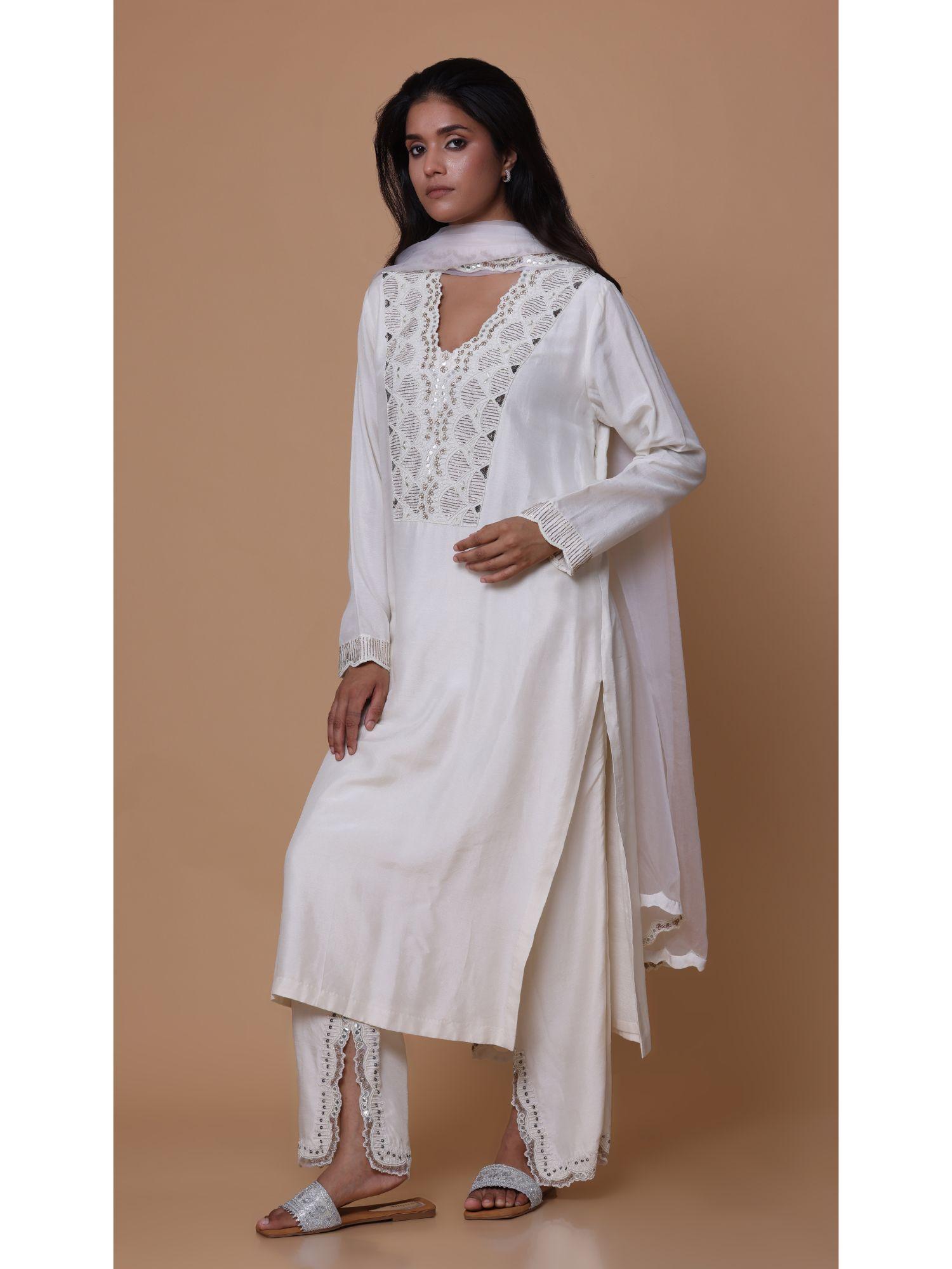 off white silk embelished kurta and pant with dupatta (set of 3)