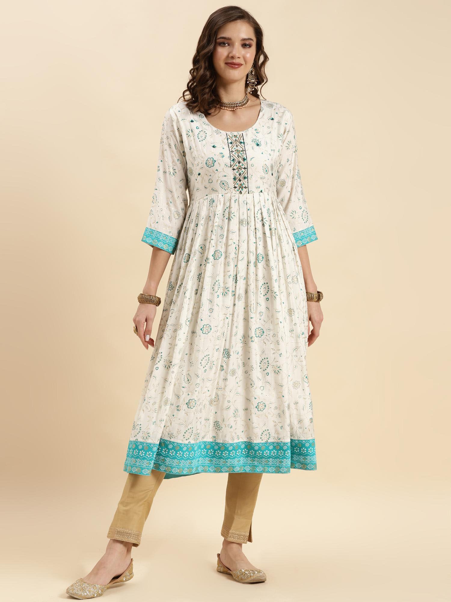 off white silk embroidered calf length anarkali kurta