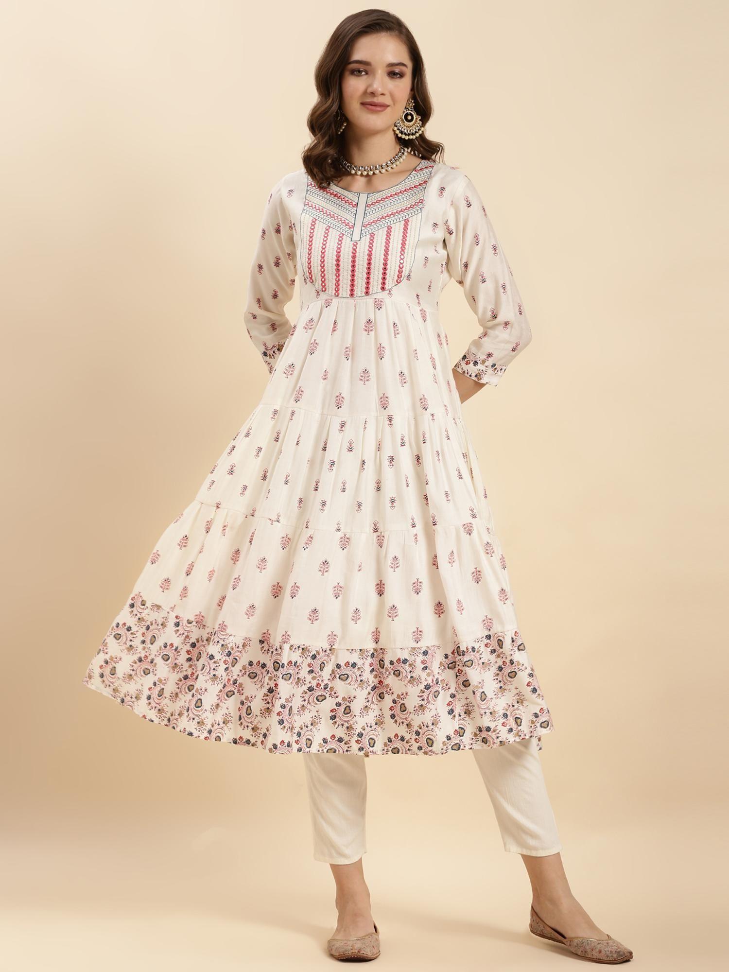 off white silk embroidered calf length tiered flared kurta