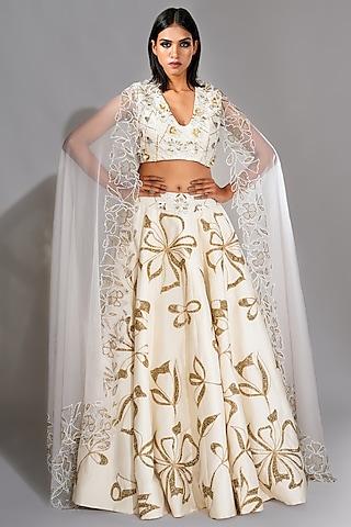 off-white silk golden sequins embroidered lehenga set