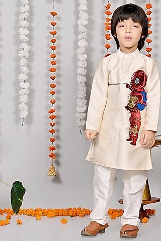 off-white silk motif hand embroidered kurta set for boys