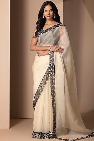 off-white silk organza rhinestone embellished scalloped saree set