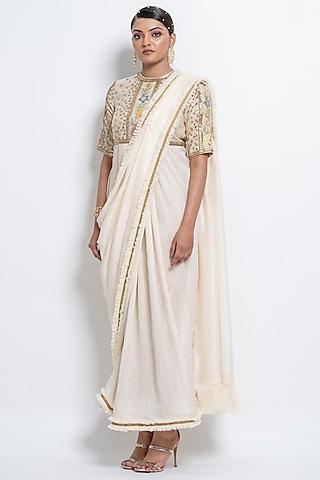 off-white silk pre-stitched saree set