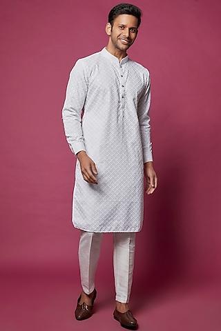 off-white slub silk embroidered kurta set