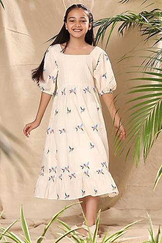 off-white soft cotton cambric birds embroidered dress for girls