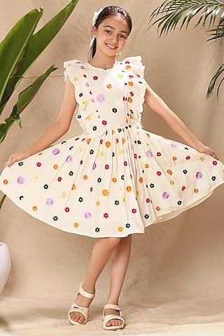 off-white soft cotton cambric floral embroidered flared dress for girls