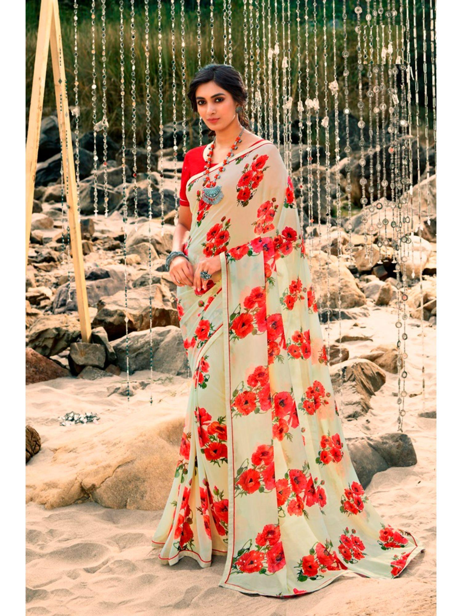 off white soft georgette printed saree & mono banglory with unstitched blouse