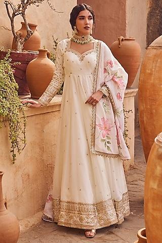 off-white soft tabby silk zari embroidered anarkali set