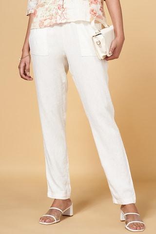 off white solid ankle-length high rise casual women comfort fit trousers
