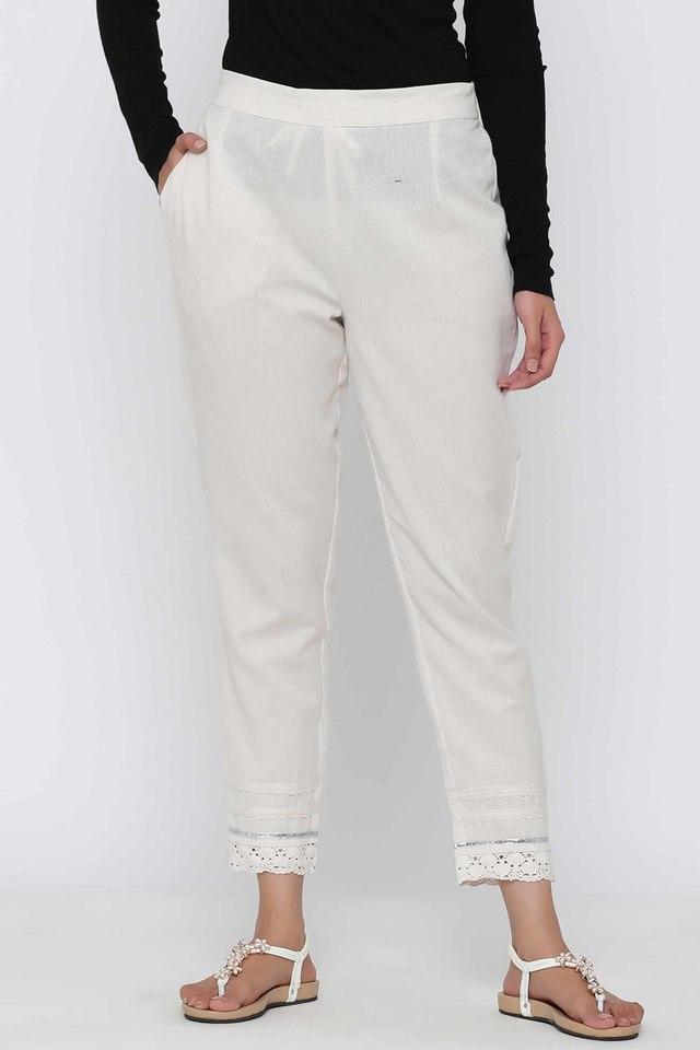 off-white solid cotton flex  slim fit women pants with one pocket