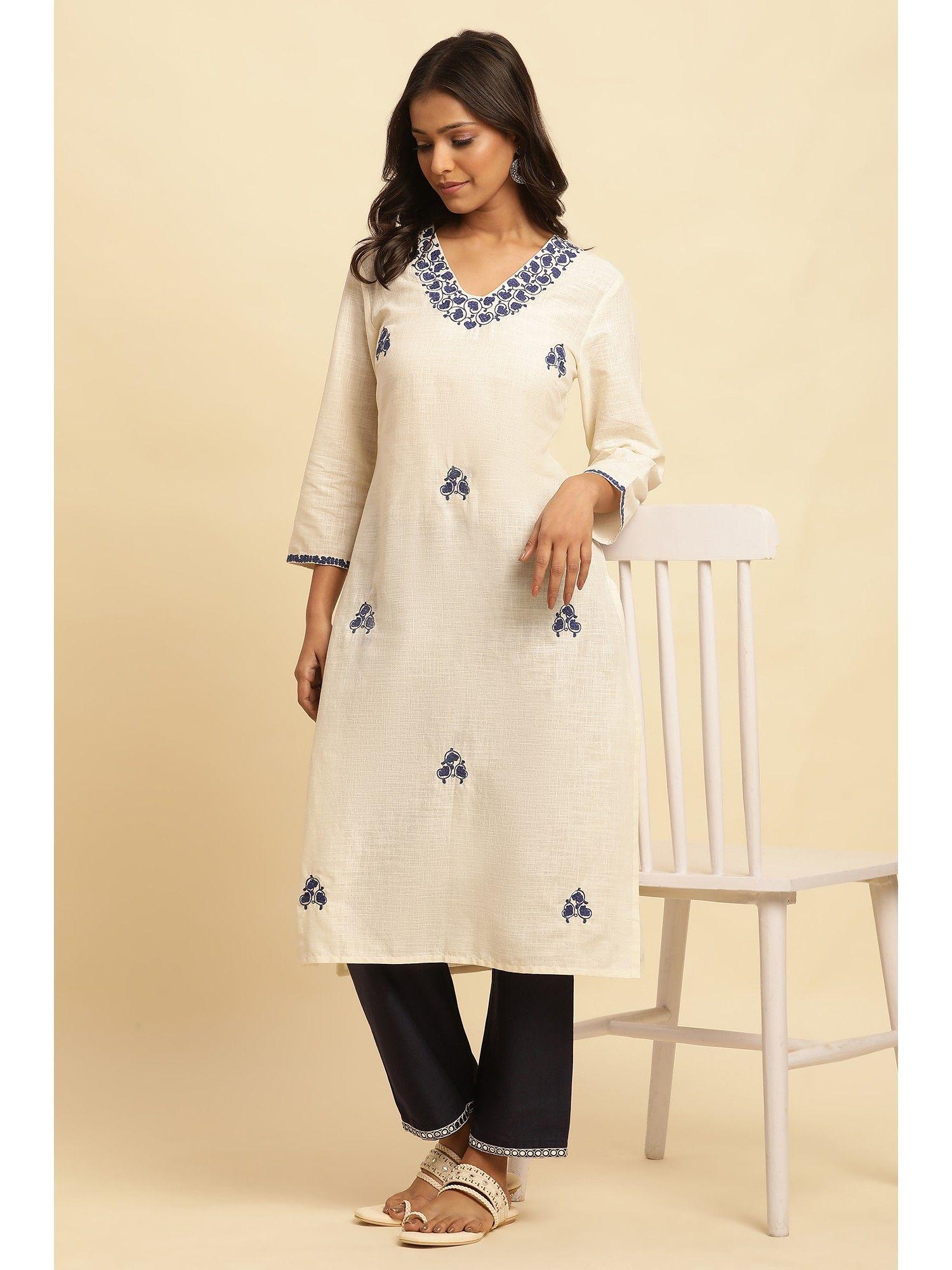 off white solid cotton straight kurta for women