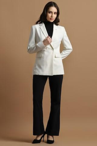 off white solid polyester notch lapel women regular fit blazers