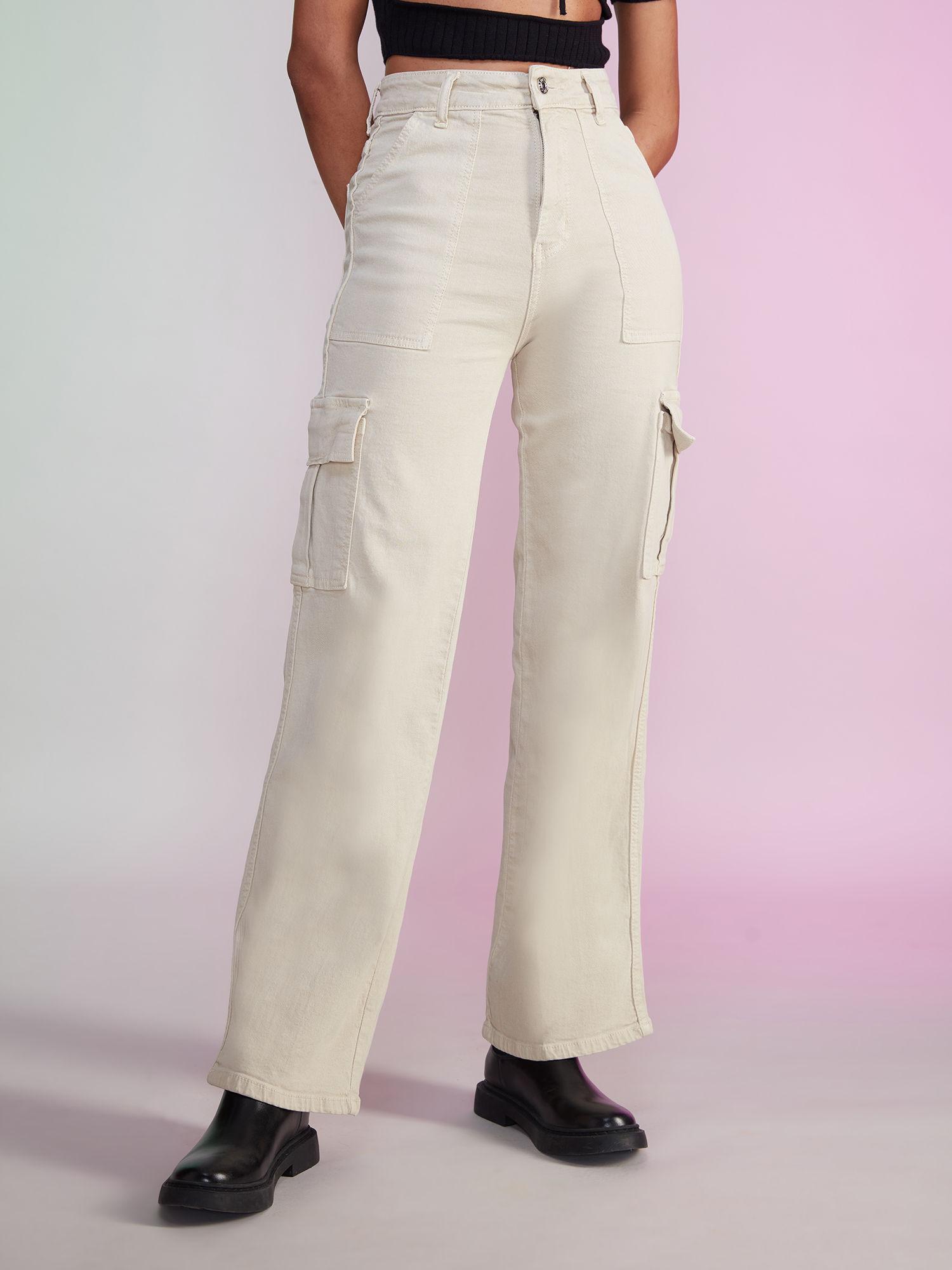 off white solid straight fit cargo denims