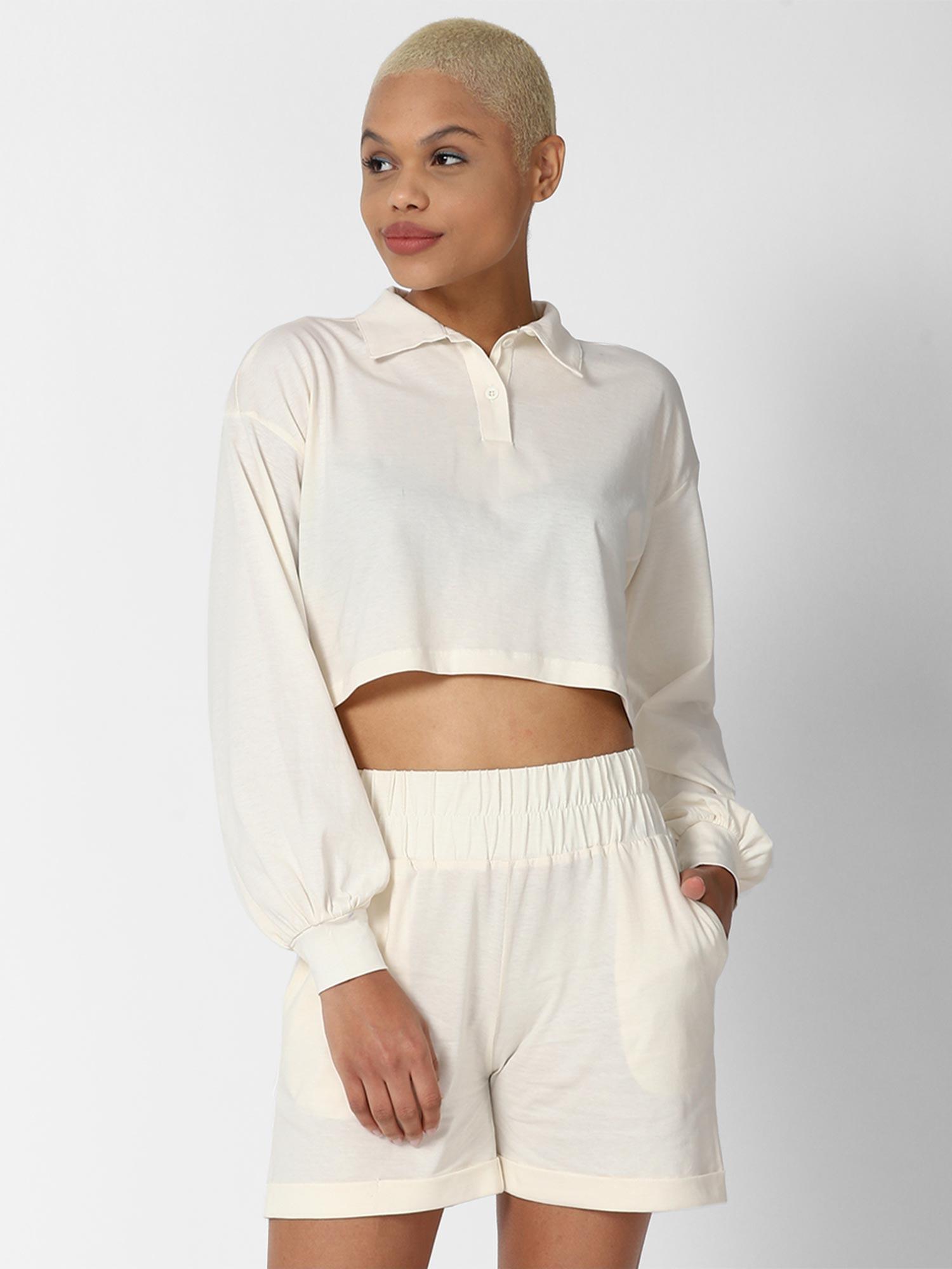 off white solid top & shorts set (set of 2)