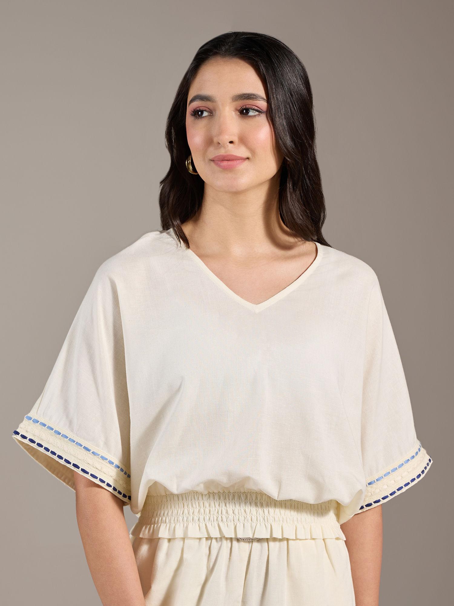 off white solid v neck half sleeves top