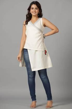 off-white solid with embroidered angrakha cotton flex asymmetric fusion tunic with side tie-ups - off white