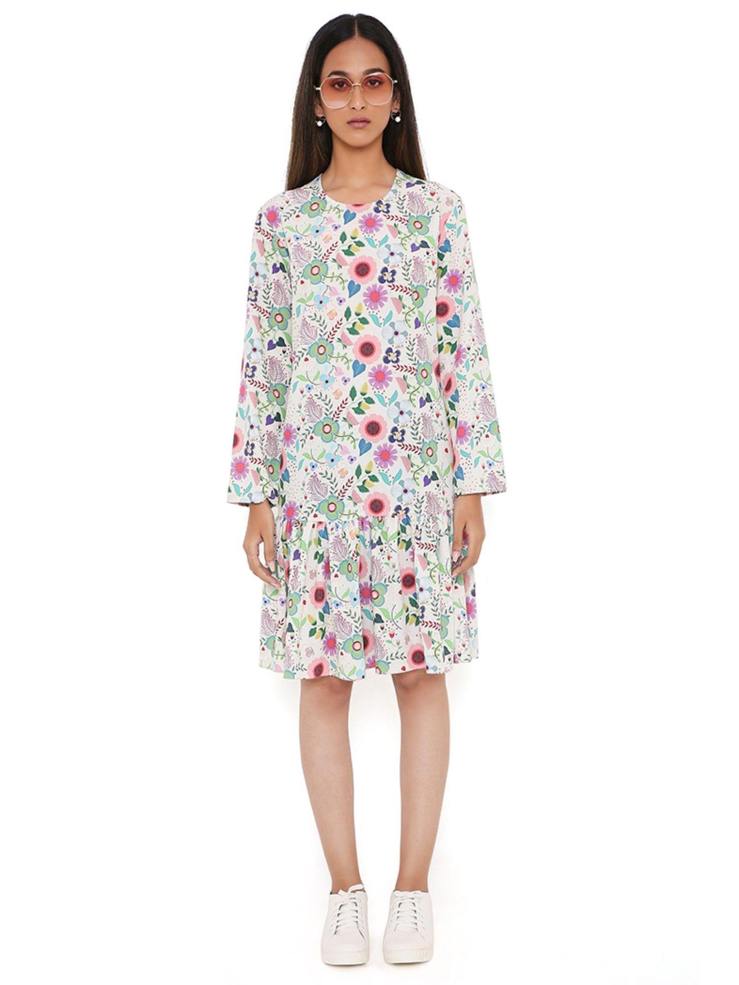 off white spring floral garden print art crepe frill hem dress