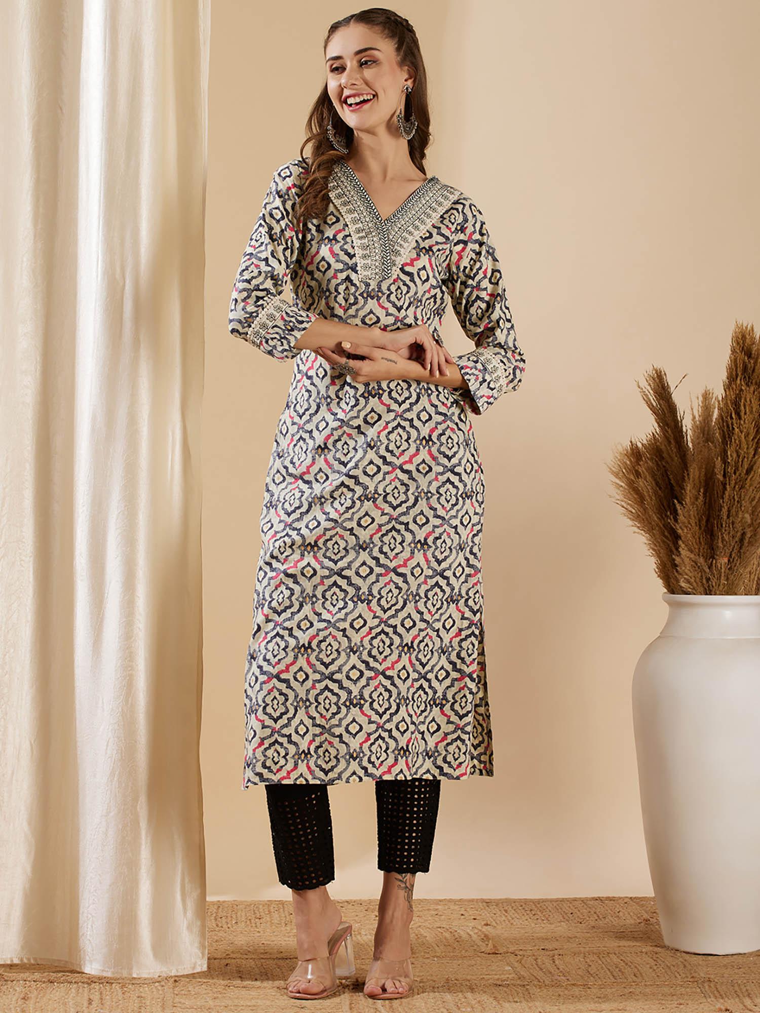 off white straight printed & embroidered v-neck kurta