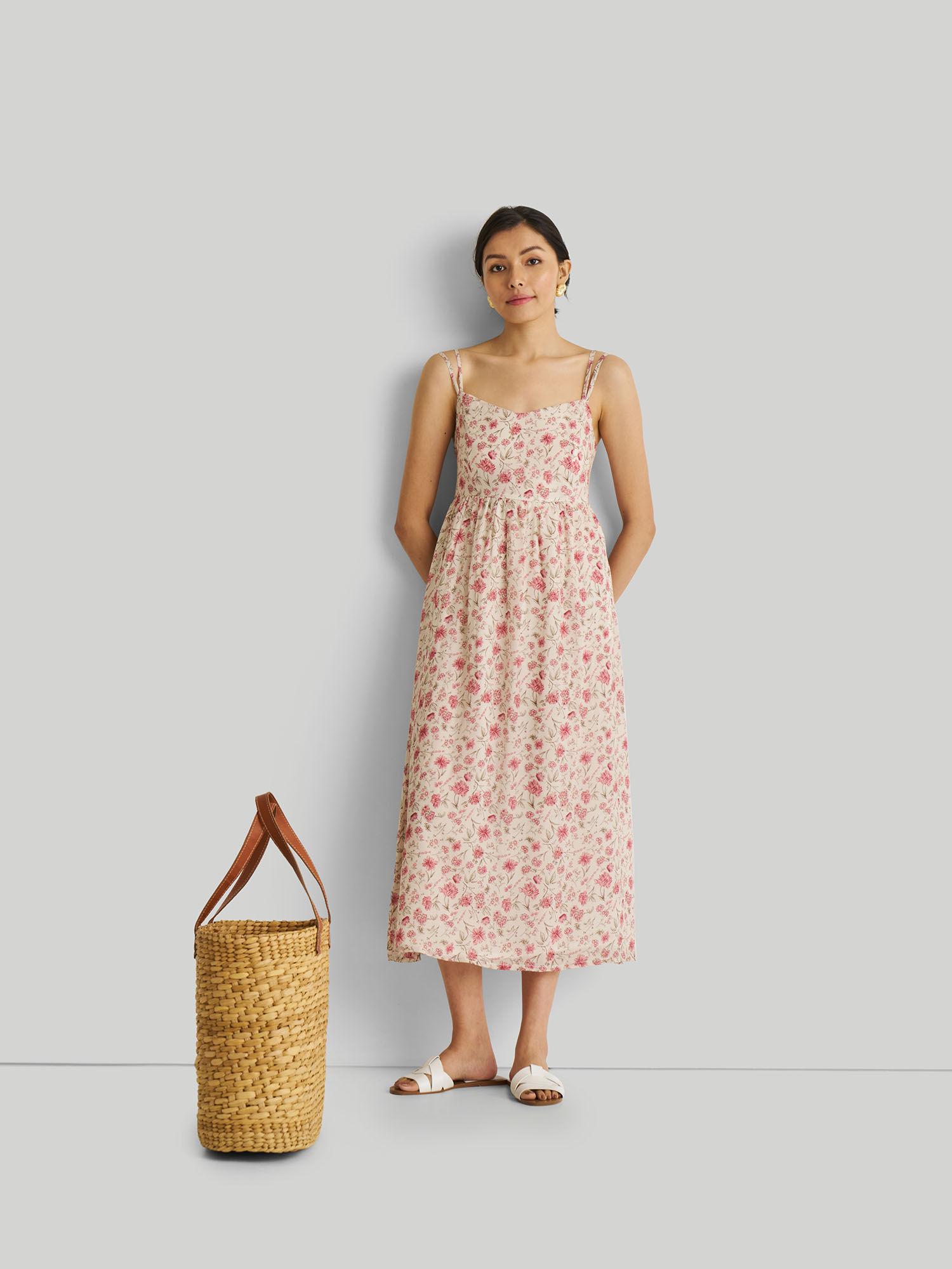 off white strappy gathered midi dress