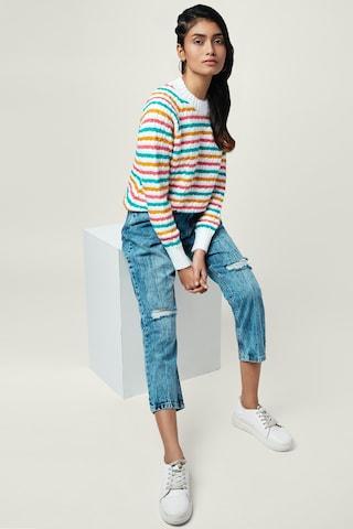 off white stripe casual full sleeves round neck women relaxed fit sweater