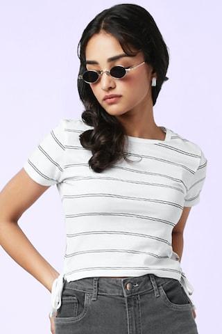 off white stripe casual short sleeves crew neck women crop fit top