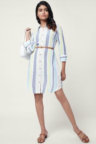 off white stripe regular collar casual knee length 3/4th sleeves women comfort fit dress