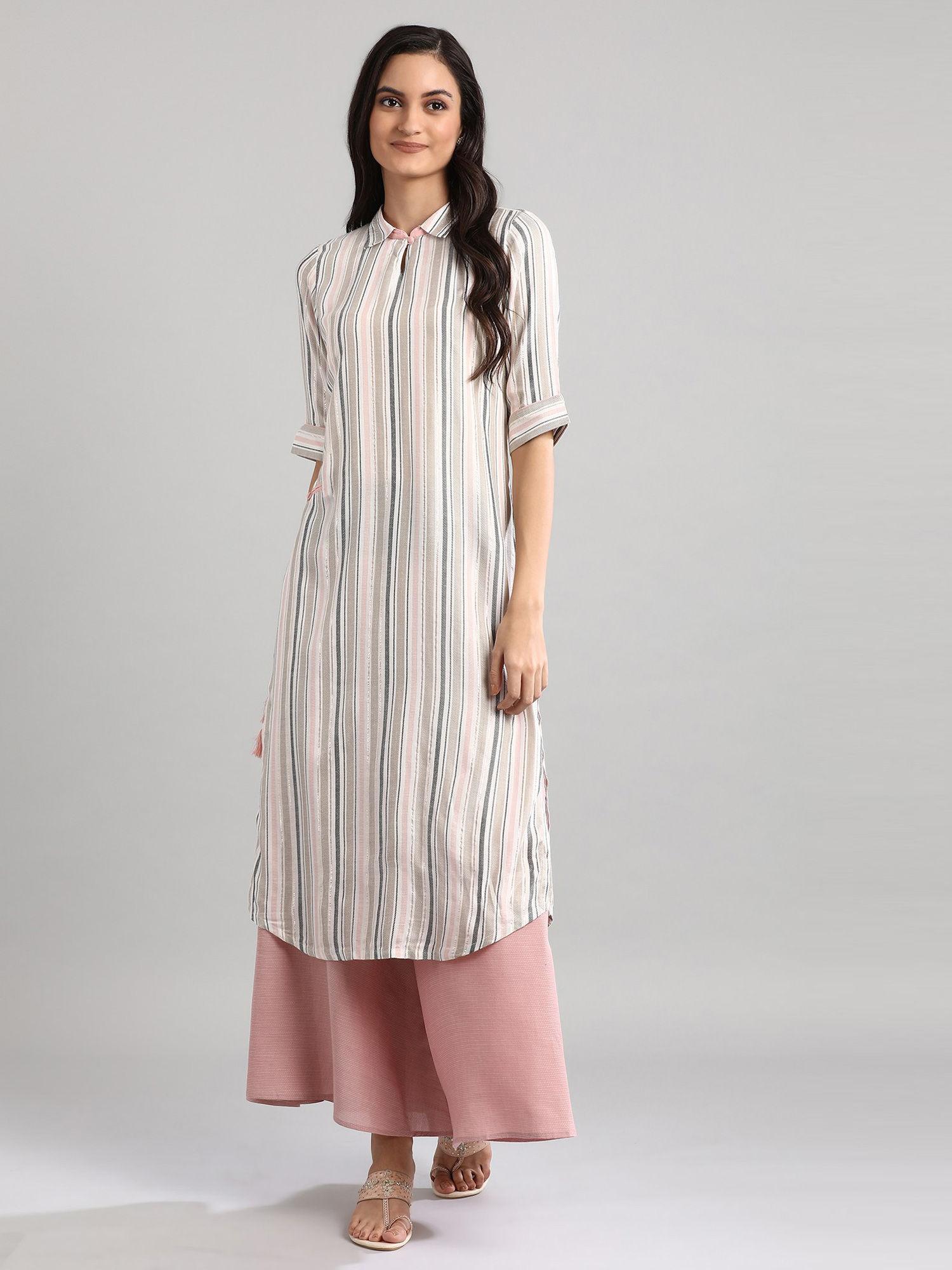 off-white striped collar neck kurta