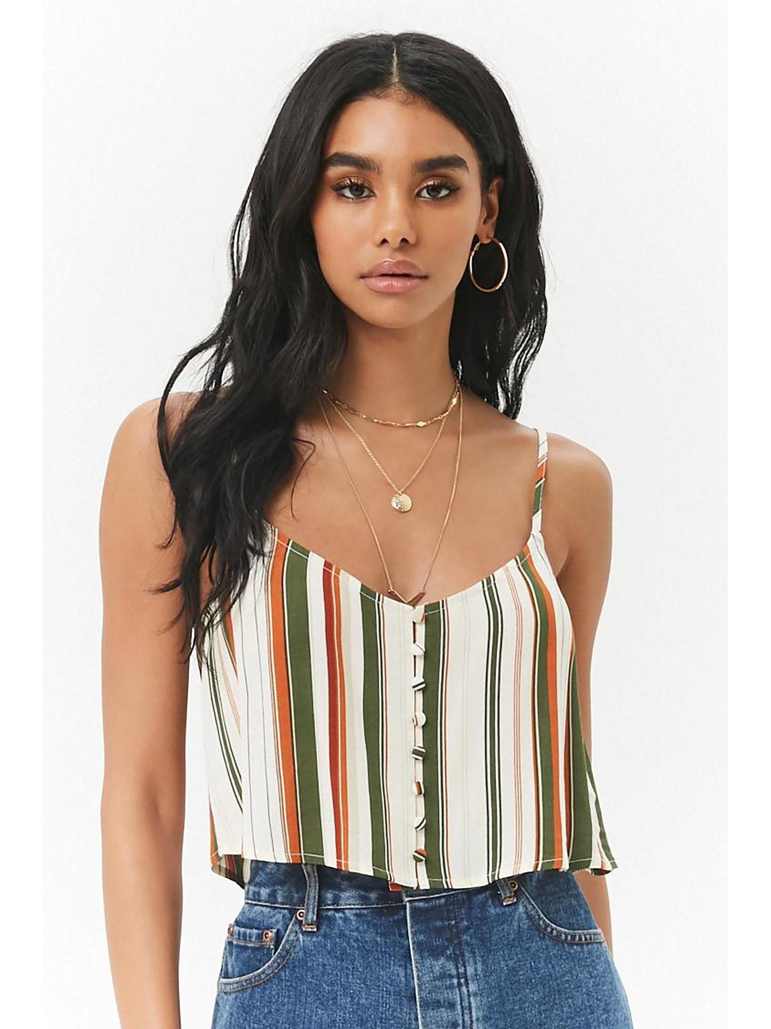 off white striped crepe button-front cropped cami