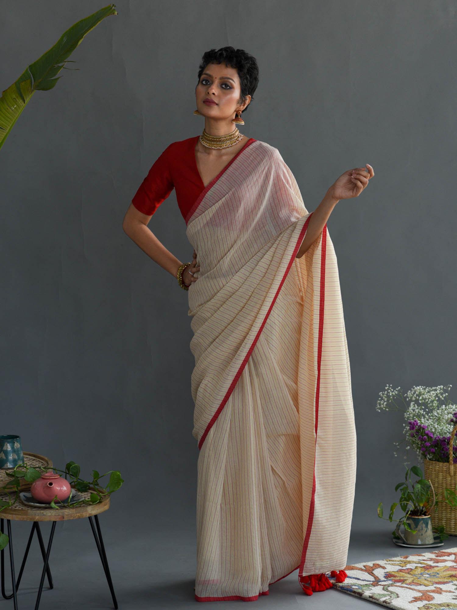 off white striped pure cotton saree