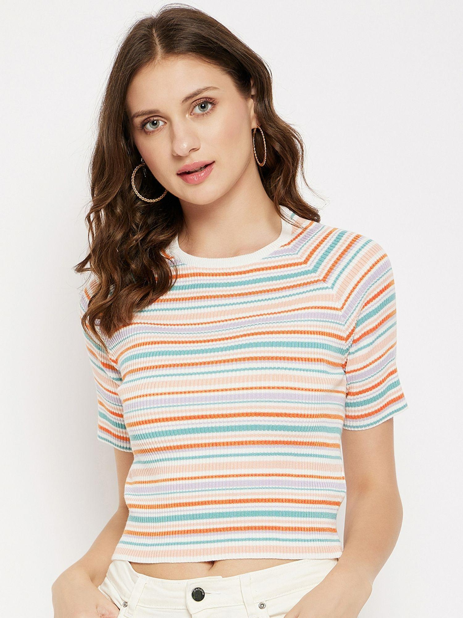 off white stripes round neck crop tops