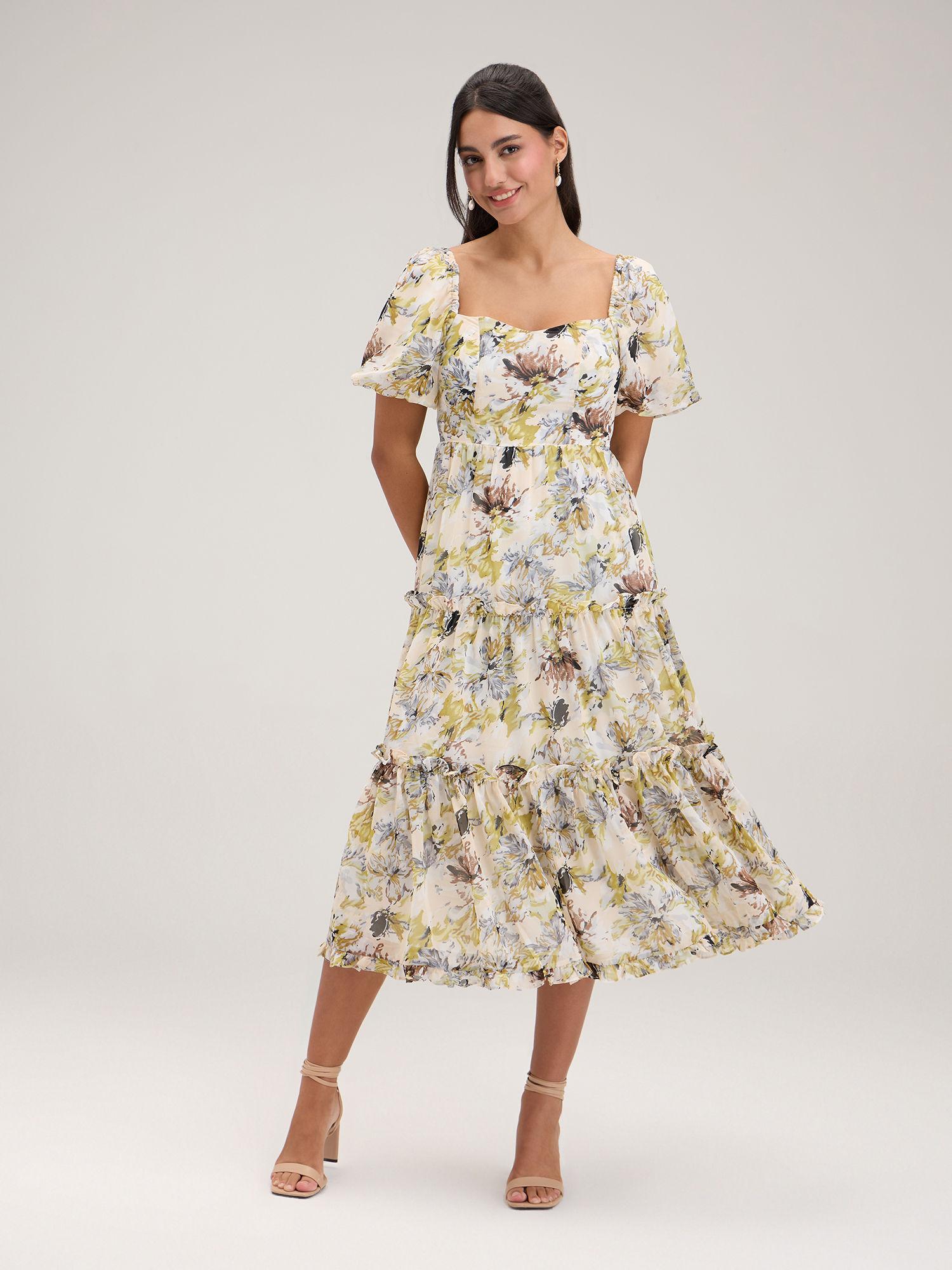 off white sweetheart neck floral midi dress