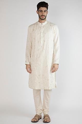 off white thread embroidered kurta