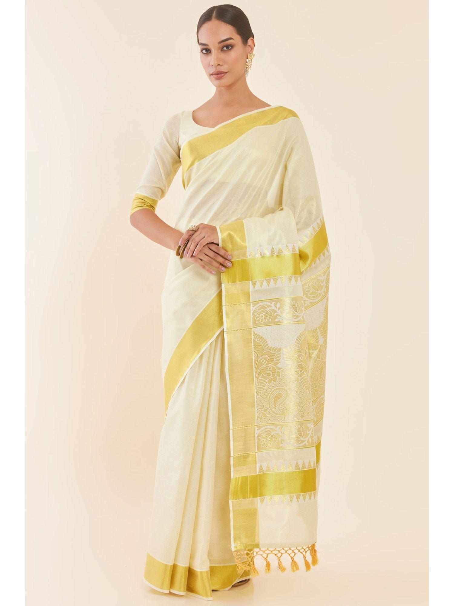 off white tissue kasavu saree with zari woven ethnic design and unstitched blouse