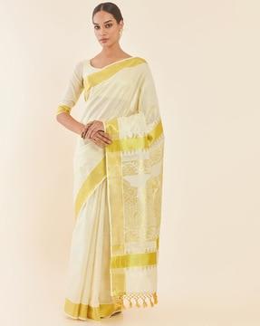 off white tissue kasavu saree with zari woven ethnic designs saree