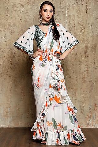 off-white tropical printed saree set