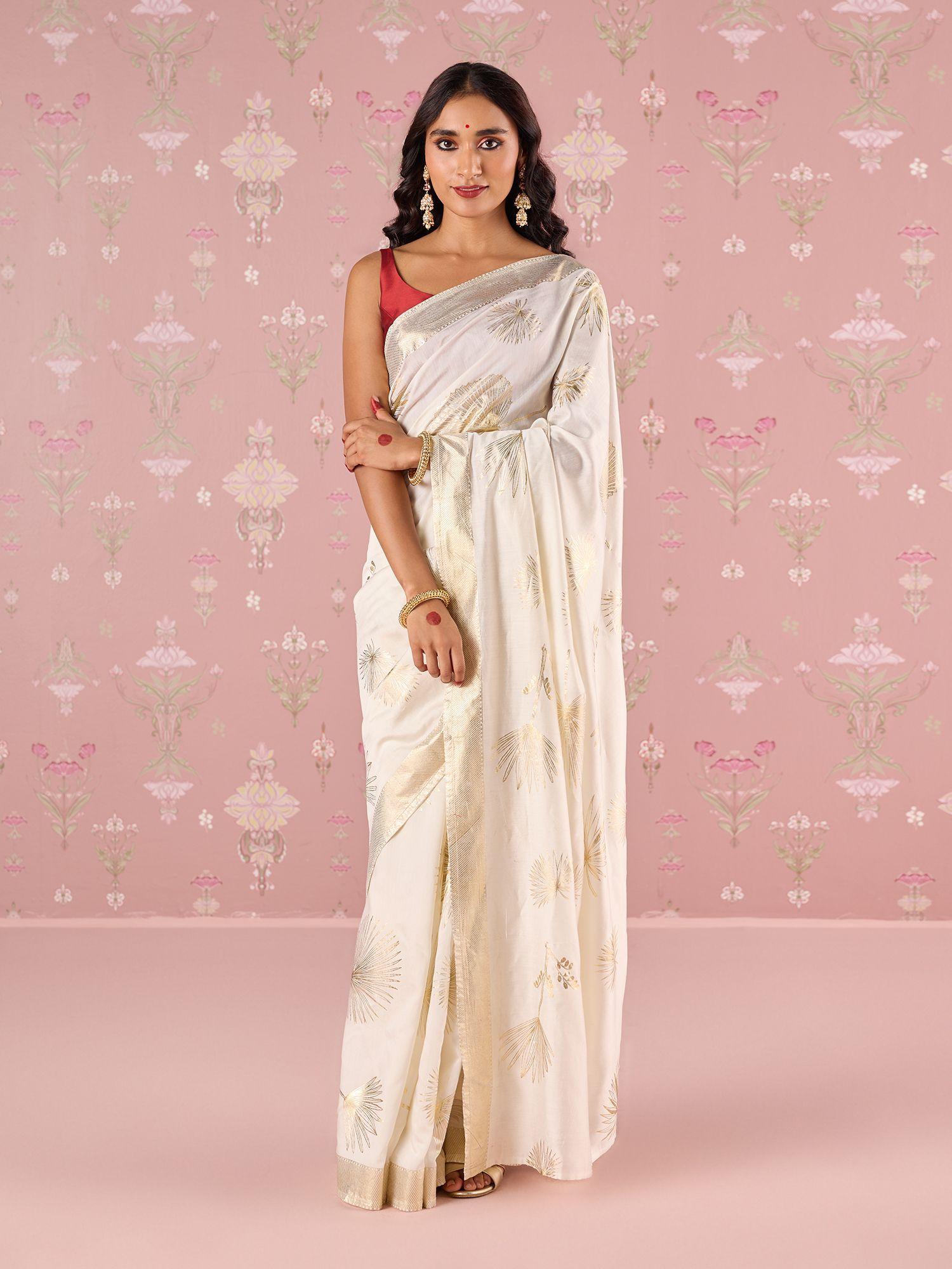 off-white tyohar chanderi gold foil printed saree with unstitched blouse liksar139 (free size)