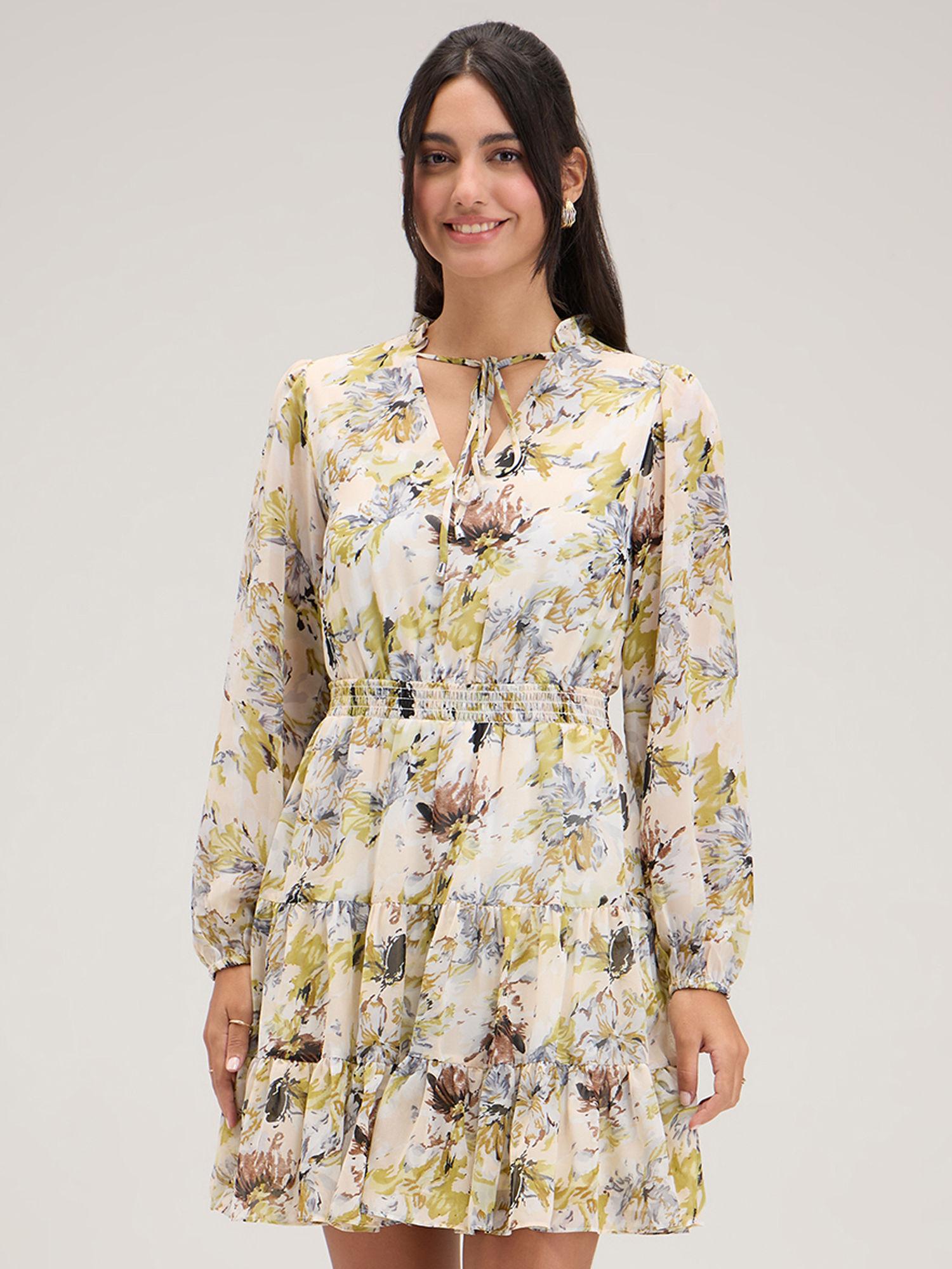 off white v-neck floral full sleeves short dress